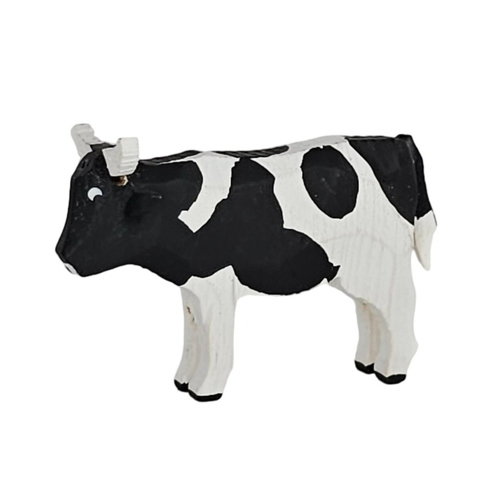 Vintage Erzgebirge Emil Helbig Bull Black White Cow Wood Carved Miniature